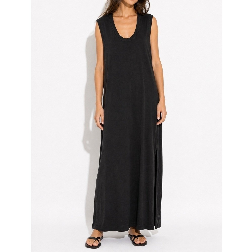 Marina Moscone Black Cotton Sleeveless Maxi Dress Large Ribbed Side Panel Italy